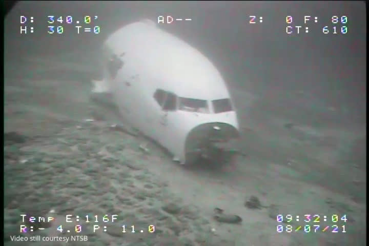 In this July 8, 2021 image from video provided by Sea Engineering, Inc. via the National Transportation Safety Board, the jet cabin from Transair Flight 810 rests on the Pacific Ocean floor off the coast of Honolulu, Hawaii. The Federal Aviation Administration said Friday, July 16, that it will bar Rhoades Aviation of Honolulu from flying or doing maintenance inspections until it meets FAA regulations. The decision to ground the carrier, which operates as Transair, is separate from the investigation into the July 2 ditching of a Boeing 737, the FAA said. (Sea Engineering, Inc./NTSB via AP)