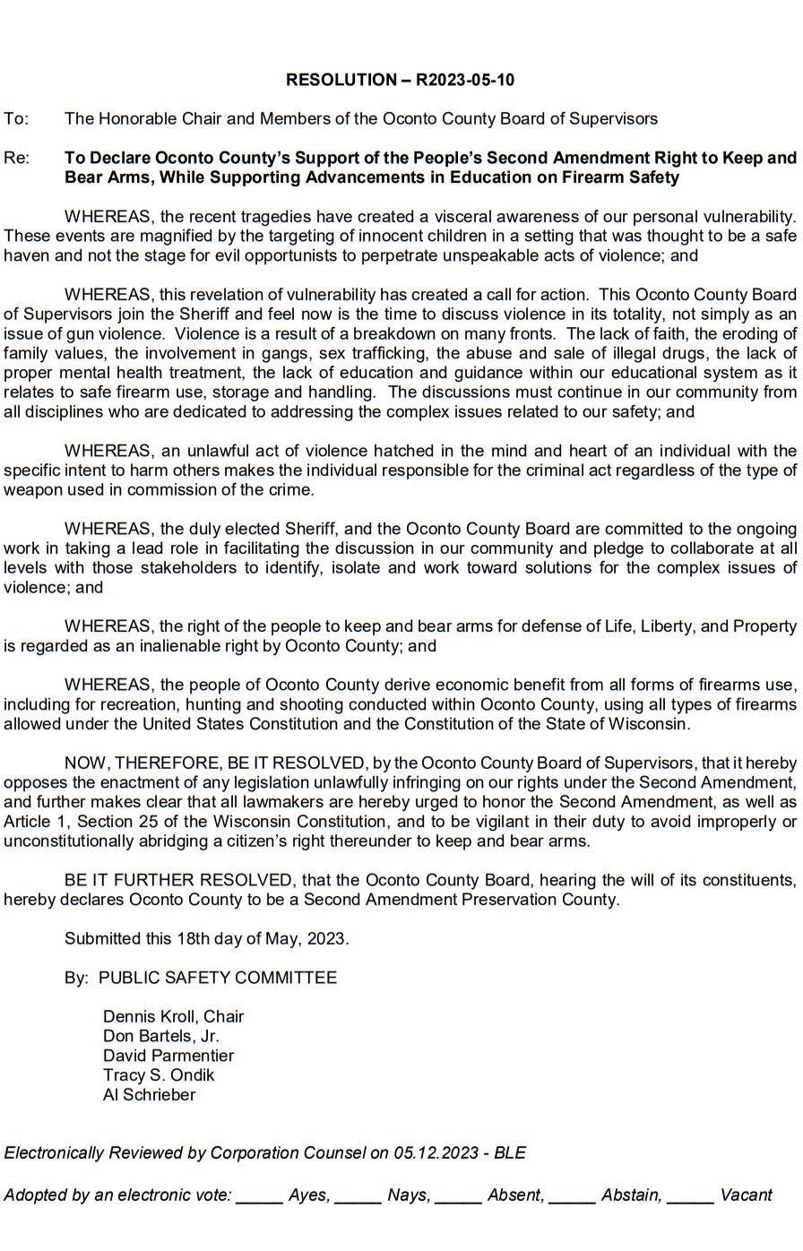 Text of the proposed resolution to make Oconto County a "Second Amendment Preservation County."
