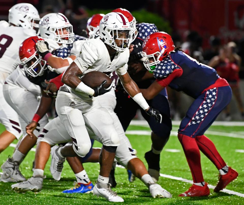 Braden River High wide receiver Yahshua Edwards (#17) takes it to the house for a touchdown against Manatee High on Friday, Sept. 16, 2023 at Joe Kinnan Field at Hawkins Stadium in Bradenton. The Hurricanes won 28-20 to remain undefeated this season.