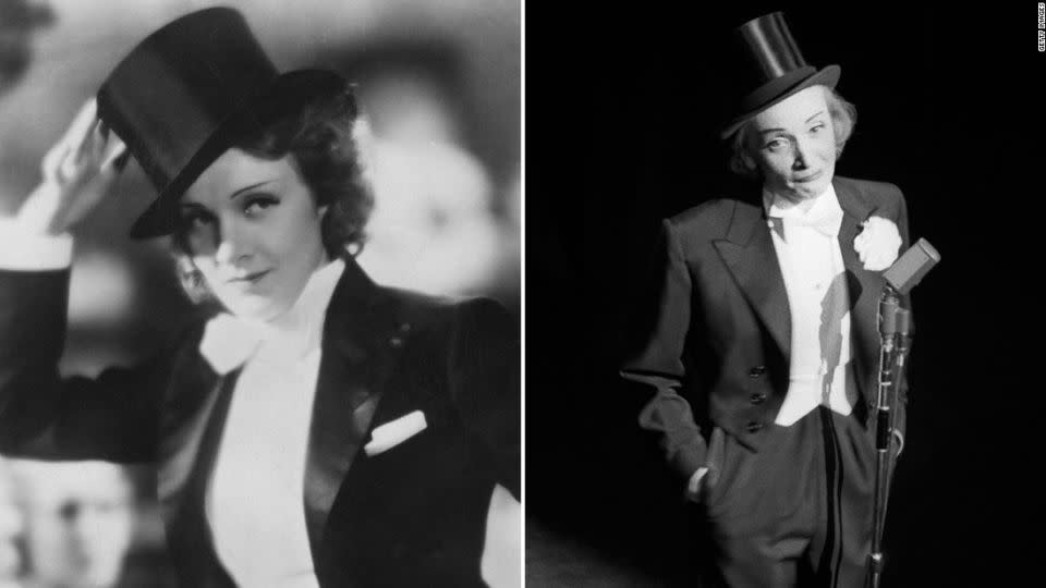 Hollywood icon Marlene Dietrich broke with social convention of the time by sporting a tuxedo with bow tie and top hat. - Getty Images