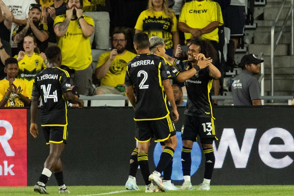 Sep 21, 2024; Columbus, Ohio, USA; Columbus Crew midfielder Aziel Jackson (13) celebrates his goal in the second half against the Orlando City at Lower.com Field. Mandatory Credit: Trevor Ruszkowski-Imagn Images