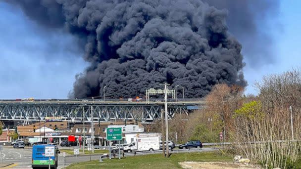 PHOTO: The Gold Star Bridge in Groton, Conn., is shut down after a fuel tanker truck rolled over, on April 21, 2023. (Connecticut State Police)