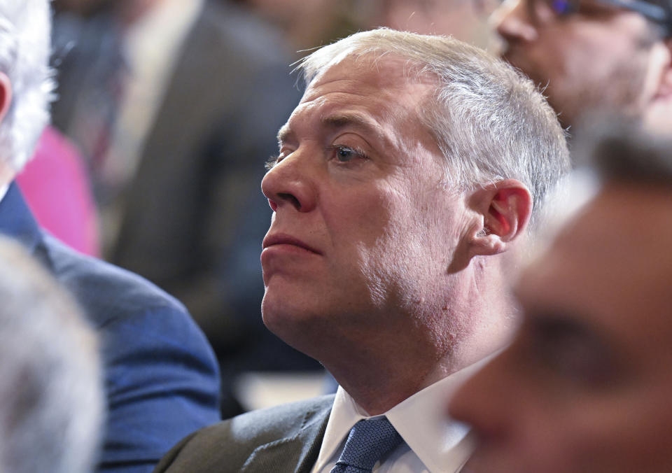 Assemblyman Minority Leader William A. Barclay, R- Fulton, listens to New York Gov. Kathy Hochul present her 2025 executive state budget in the Red Room at the state Capitol Tuesday, Jan. 16, 2024, in Albany, N.Y. (AP Photo/Hans Pennink)