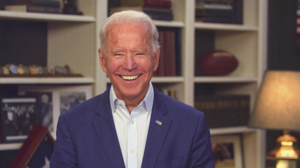 LOS ANGELES - APRIL 21: James chats with Joe Biden Melanie C from his garage on THE LATE LATE SHOW WITH JAMES CORDEN, scheduled to air Tuesday, April 21, 2020 (12:37-1:37 AM, ET/PT) on the CBS Television Network. Photo is a screen grab. (Photo by CBS via Getty Images)