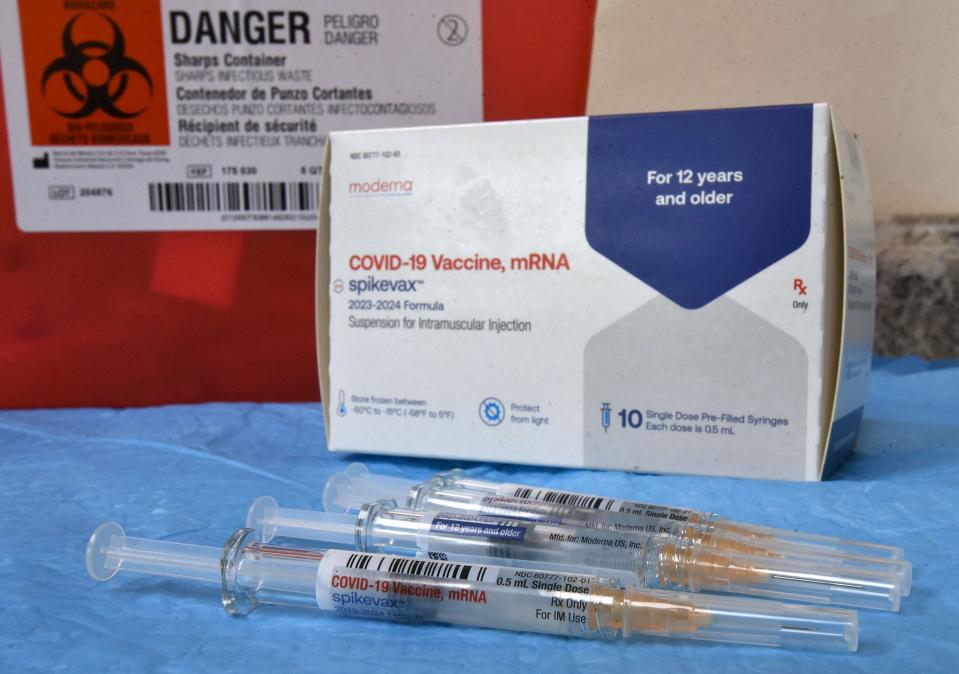 Pre-filled syringes of the Moderna Spikevax 2023-2024 Covid vaccine at the Whole Health Pharmacy in Hyannis which is getting ready to host several appointment only vaccine clinics in the next several weeks according to pharmacist Karryn Lewis.