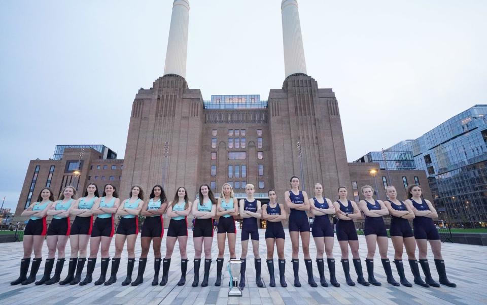 ****Embargoed until 20:30 13th March, 2024.***** The Oxford (right) and Cambridge (left) Universities' womens rowing teams attend a photo call during the crew announcements for The 2024 Gemini Boat Race at Battersea Power Station, London.