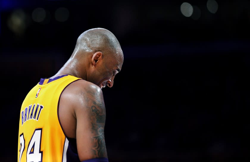 LOS ANGELES, CALIFORNIA APRIL 13, 2016-Lakers Kobe Bryant against the Jazz during the final game of his career at the Staples Center in 2016. (Wally Skalij/Los Angeles Times)