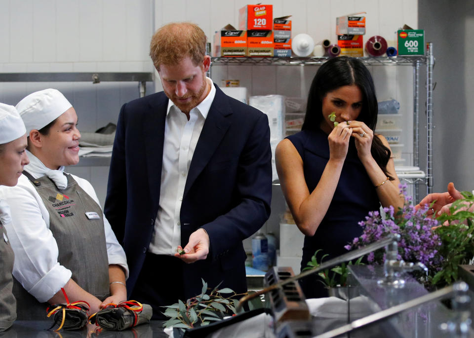 The Duke and Duchess of Sussex visited the Mission Australia social enterprise restaurant Charcoal Lane in Melbourne on Thursday. Source: Getty