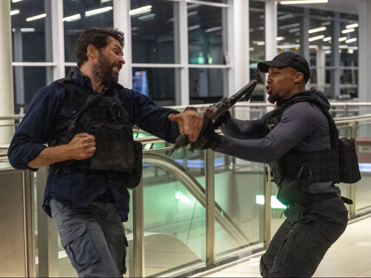 Air rage: Scott Adkins (left), the star of ‘One More Shot’, filming at Stansted airport (Signature Entertainment)