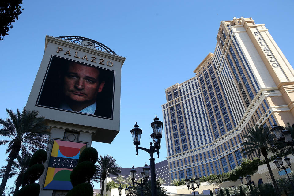 An image of Republican presidential candidate Ted Cruz appears on a marquee outside of the The Palazzo Las Vegas before the CNN Republican presidential debate at The Venetian Las Vegas on December 15, 2015 in Las Vegas, Nevada.