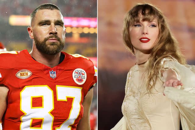 <p>Perry Knotts/Getty; Ashok Kumar/TAS24/Getty Images for TAS Rights Management</p> Travis Kelce; Taylor Swift