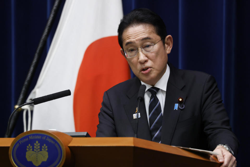 Japan's Prime Minister Fumio Kishida speaks during a news conference at his office building in Tokyo, Thursday, Nov. 2, 2023. (Kiyoshi Ota/Pool Photo via AP)