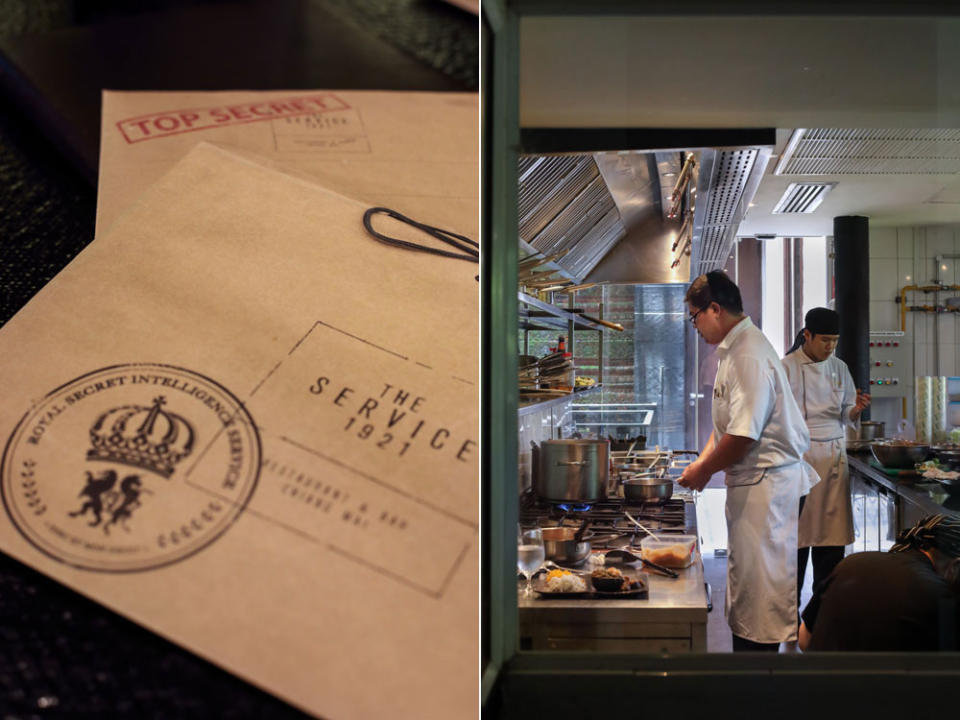 Menus arrive in discreet brown envelopes (left); cooking action inside the kitchen (right).