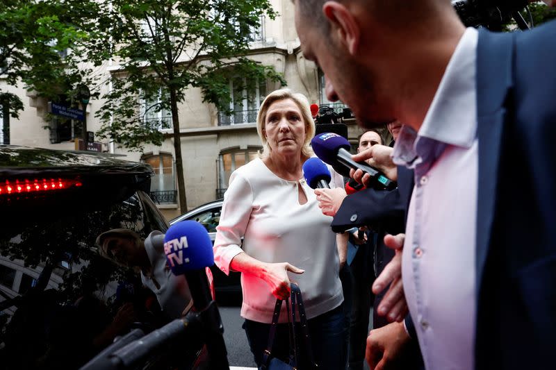 Marine Le Pen, member of parliament and French far-right National Rally (Rassemblement National - RN) party leader, arrives at the RN party headquarters in Paris