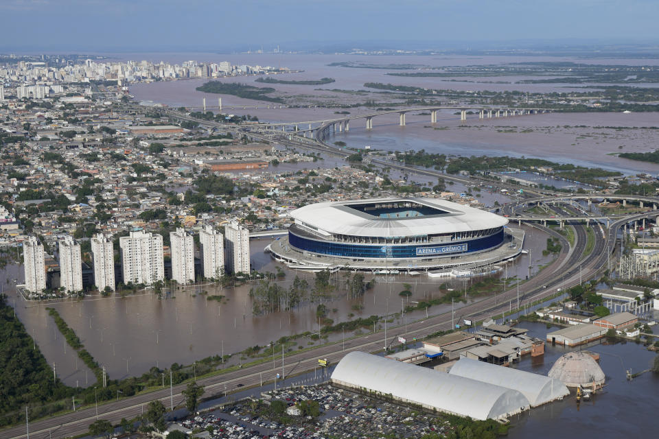 The Gremio Arena and surrounding area are flooded after heavy rain in Porto Alegre, Rio Grande do Sul state, Brazil, Wednesday, May 8, 2024. (AP Photo/Andre Penner)