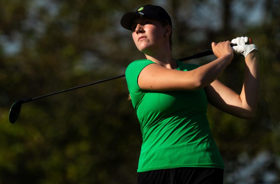 Westfield’s Addi Kooi tees off on the fourth hole Friday, Oct. 4, 2024, during round one of the 2024-25 IHSAA girls golf state championships at Prairie View Golf Club in Carmel, Indiana.