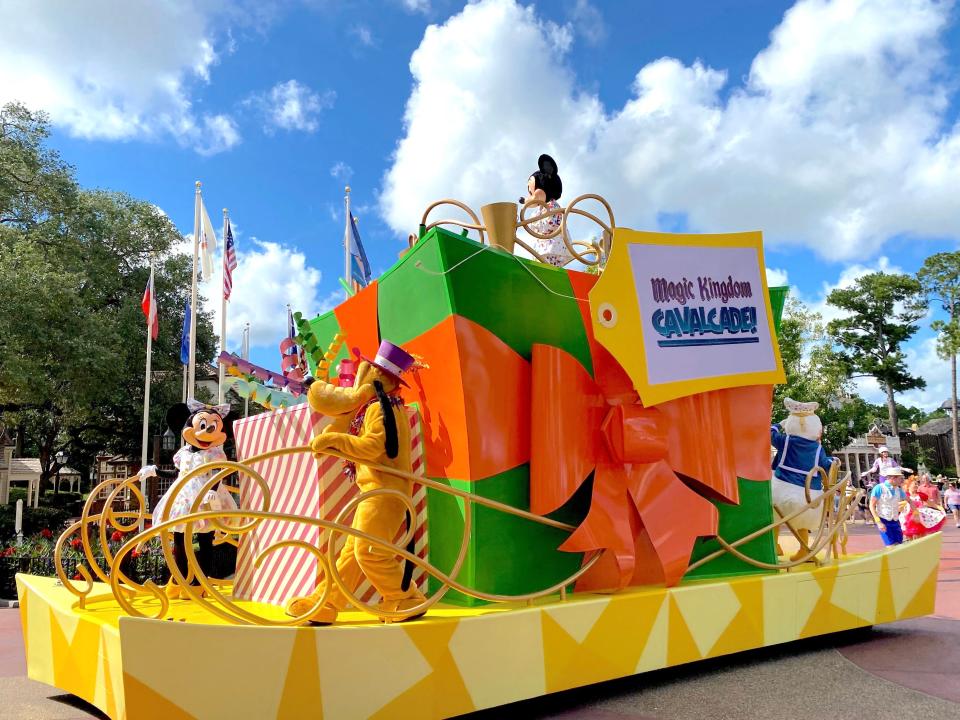 Characters on a parade float at Magic Kingdom in August 2021.