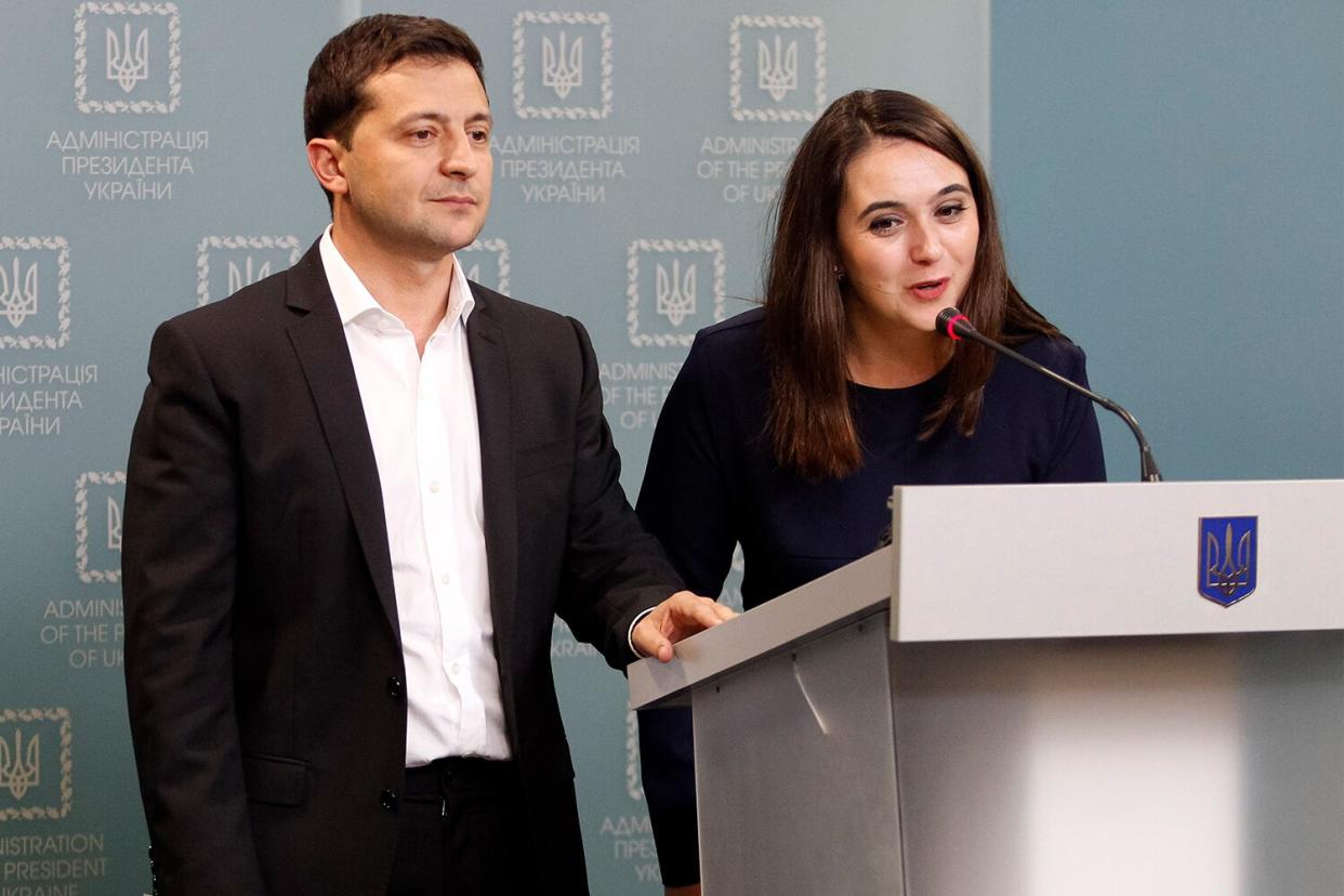 Ukrainian President Volodymyr Zelensky and Ukrainian president spokesman Yulia Mendel attend a press conference in Kyiv, Ukraine, on 1 October, 2019. Members of the Trilateral Contact Group on Ukraine on October 1 agreed to a peace process known as the ''Steinmeier Formula,'' as local media reported.