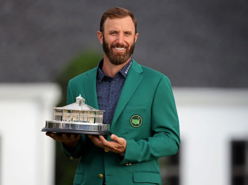 <p>Dustin Johnson celebrates his Masters triumph</p>Getty Images