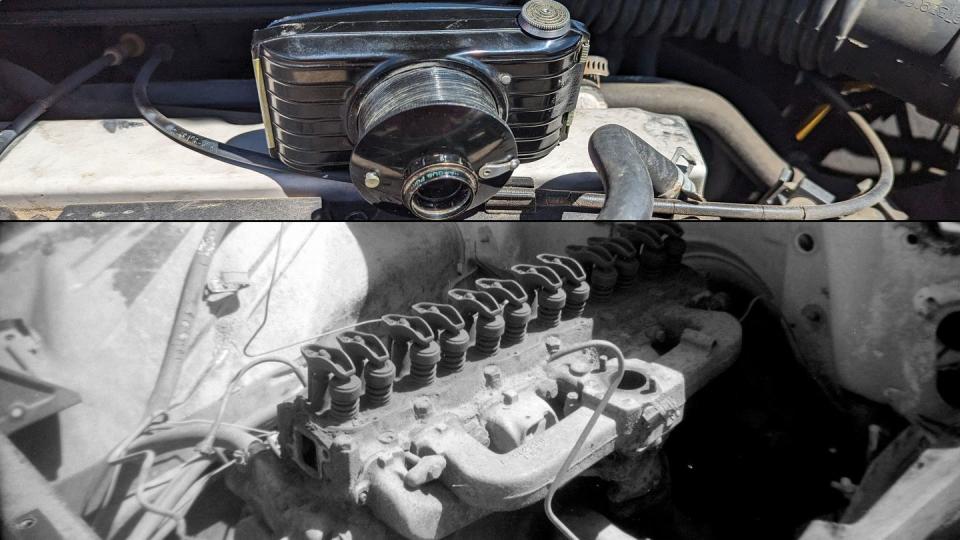collage with 1936 kodak camera and gmc engine