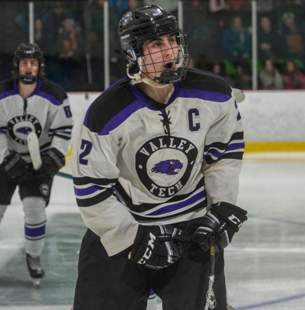 Blackstone Valley Tech senior captain Joseph Manzi celebrates a goal during the Central Mass. Athletic Directors Association Class B Championship at NorthStar IceSports in Westborough, Feb. 22, 2024.