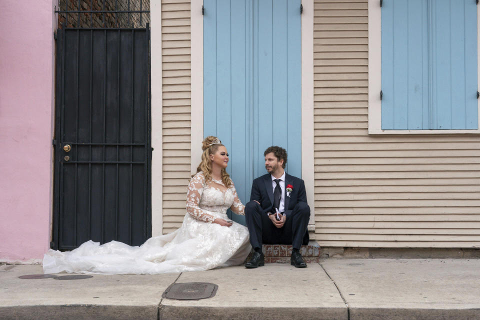 This image released by Hulu shows Amy Schumer, left, and Michael Cera in a scene from "Life & Beth." (Alyssa Moran/Hulu via AP)