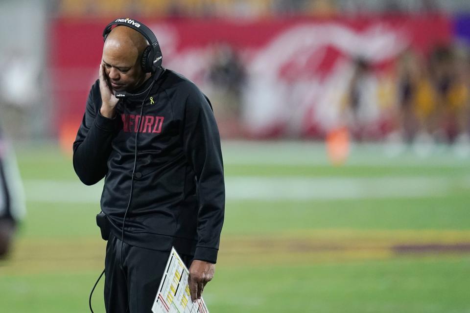 Stanford coach David Shaw pauses on the sideline after an Arizona State touchdown during the first half of an NCAA college football game Friday, Oct. 8, 2021, in Tempe, Ariz. (AP Photo/Ross D. Franklin)