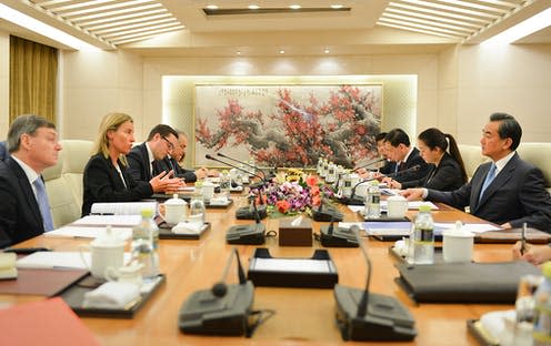 <span class="caption">EU-China dialogues: not as tense as you might think.</span> <span class="attribution"><a class="link " href="https://www.flickr.com/photos/eeas/16768813544/in/album-72157650056528563/" rel="nofollow noopener" target="_blank" data-ylk="slk:European External Action Service via Flickr;elm:context_link;itc:0;sec:content-canvas">European External Action Service via Flickr</a>, <a class="link " href="http://creativecommons.org/licenses/by-nc-nd/4.0/" rel="nofollow noopener" target="_blank" data-ylk="slk:CC BY-NC-ND;elm:context_link;itc:0;sec:content-canvas">CC BY-NC-ND</a></span>