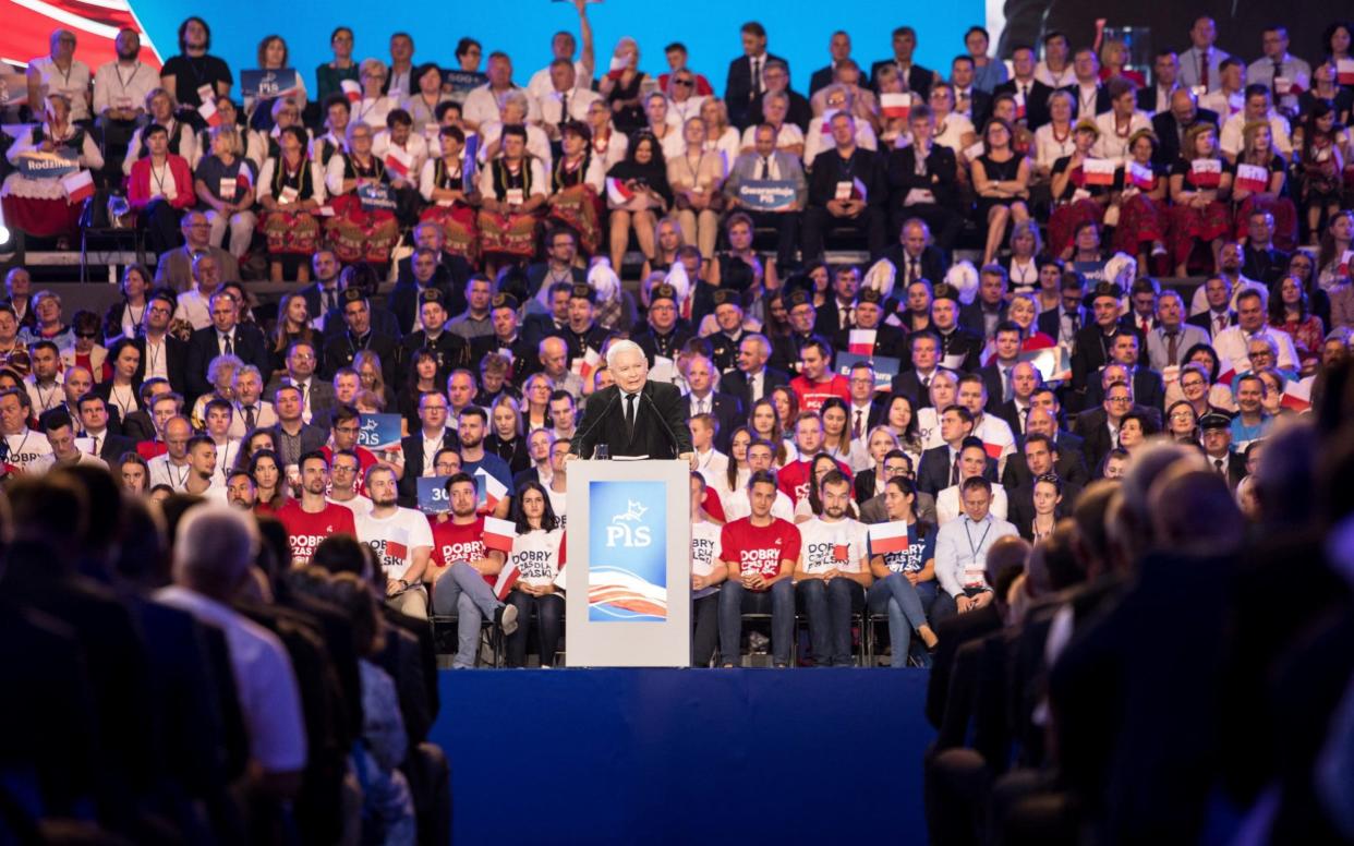 Jaroslaw Kaczynski speaks during a party convention ahead of parliamentary elections in October - VIA REUTERS