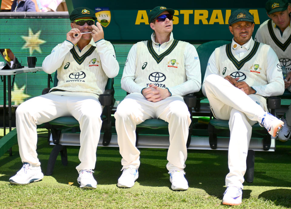 David Warner, pictured here alongside Steve Smith and Usman Khawaja.