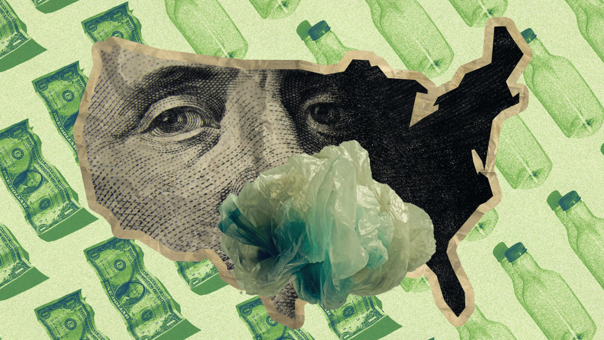  Photo collage of a balled up wad of plastic over the top of a paper shape of the USA, with the picture of George Washington from a hundred dollar bill overlaid on top if it. The plastic is making its way into his mouth. 