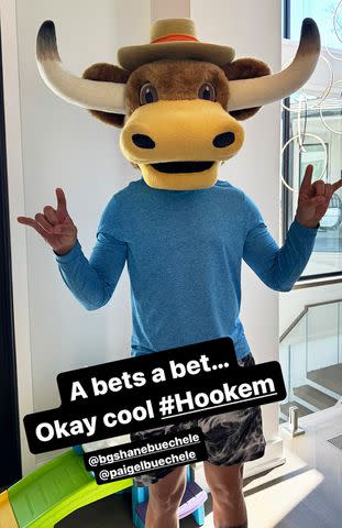 <p>Patrick Mahomes/Instagram</p> Patrick Mahomes poses in cow mask after losing March Madness bet.