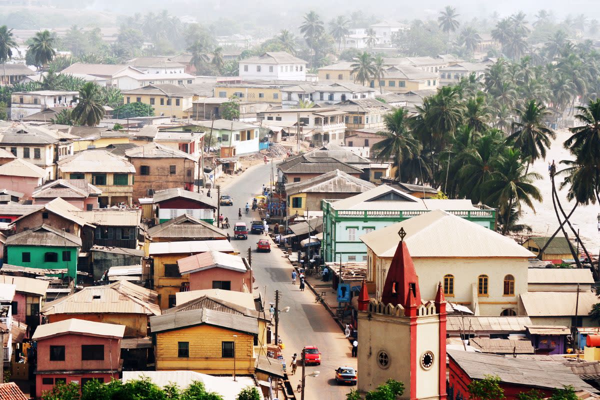 aerial view of houses and businesses in Ghana