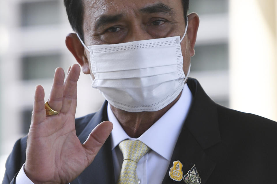 Thailand Prime Minister Prayuth Chan-ocha, attends a signing ceremony at Government House in Bangkok, Thailand Friday, Nov. 27, 2020. Thailand on Friday signed a deal to procure 26 million doses of the trial coronavirus vaccine developed by pharmaceutical firm AstraZeneca in collaboration with Oxford University. (Chalinee Thirasupa/Pool Photo via AP)