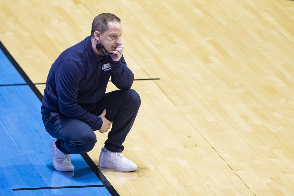 Oral Roberts head coach Paul Mills looks on during the second half of a first-round game against Ohio State in the NCAA men's college basketball tournament, Friday, March 19, 2021, at Mackey Arena in West Lafayette, Ind. Oral Roberts won in overtime. (AP Photo/Robert Franklin)