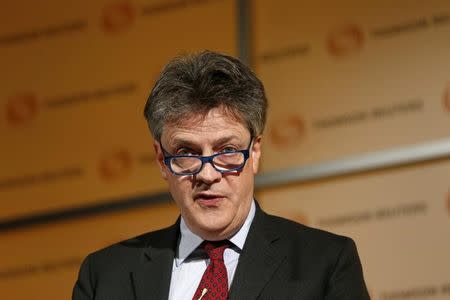 European Commissioner for Financial Services, Jonathan Hill, speaks during a Thomson Reuters Newsmaker event, London April 17, 2015. REUTERS/Cathal McNaughton