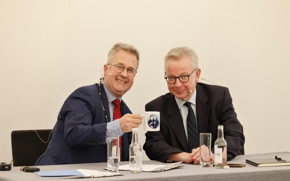 Michael Gove poses with The Telegraph's Christopher Hope at Conservative Party conference in Birmingham - Geoff Pugh for The Telegraph