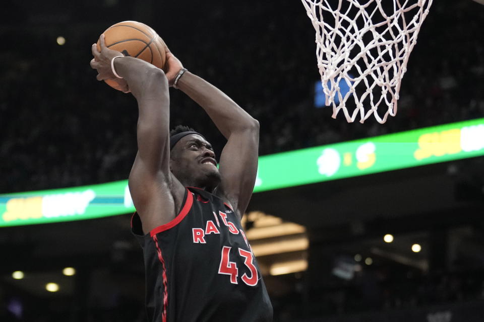 Toronto Raptors forward Pascal Siakam dunks against the Detroit Pistons during the first half of an NBA basketball game Friday, March 24, 2023, in Toronto. (Frank Gunn/The Canadian Press via AP)