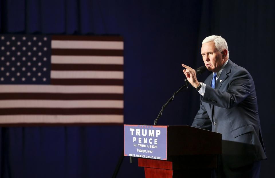 Republican vice presidential nominee Indiana Gov. Mike Pence speaks during a campaign rally at Giese Manufacturing Co. in Dubuque, Iowa, on Sept. 19, 2016. (Photo: Nicki Kohl/Telegraph Herald via AP)