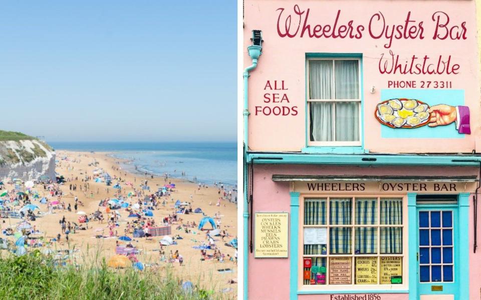 sandy beach and blue sea; pink frontage of wheelers oyster bar - iStock/Getty