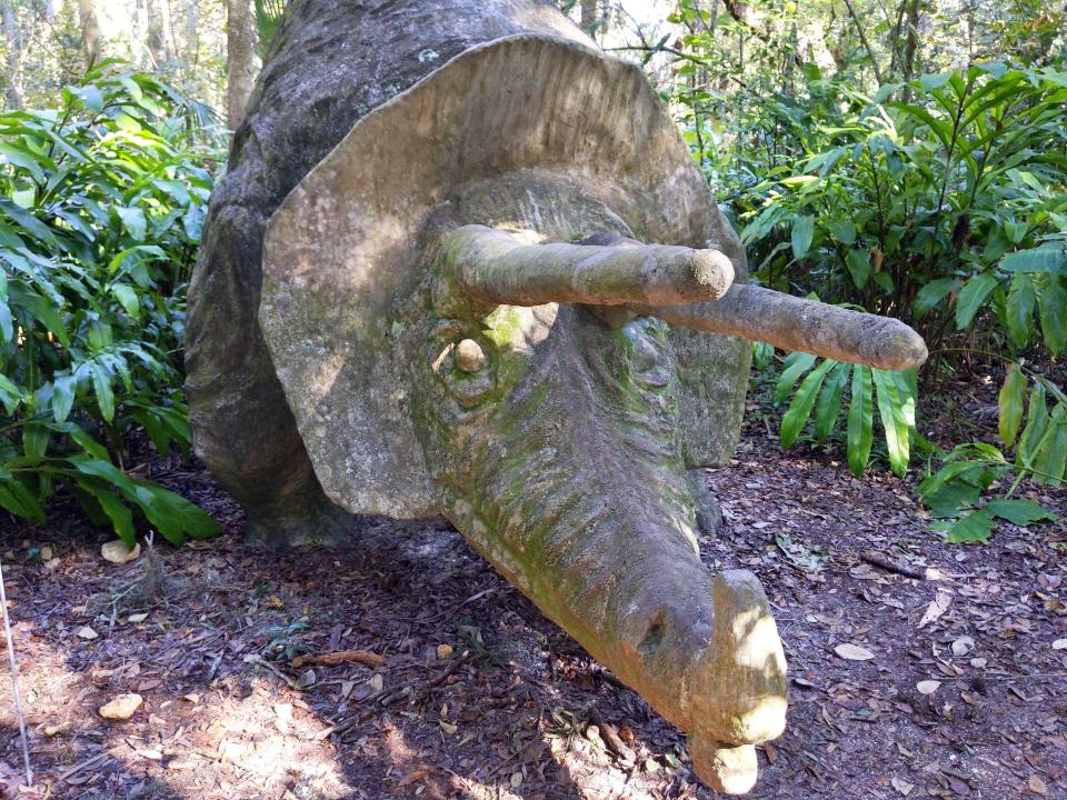 A close-up of the front of a triceratops statue at Bongoland.