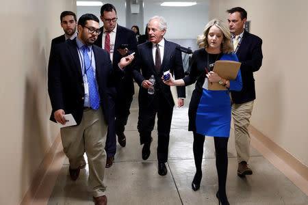 Sen. Bob Corker speaks with reporters ahead of votes on Capitol Hill in Washington, U.S., December 6, 2017. REUTERS/Aaron P. Bernstein