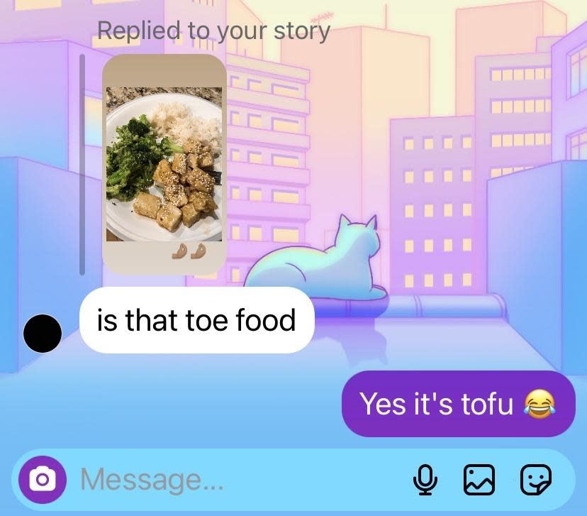 Picture of a plate of food, and someone asks, "Is that toe food," and person says "Yes it's tofu" with laugh-cry emoji