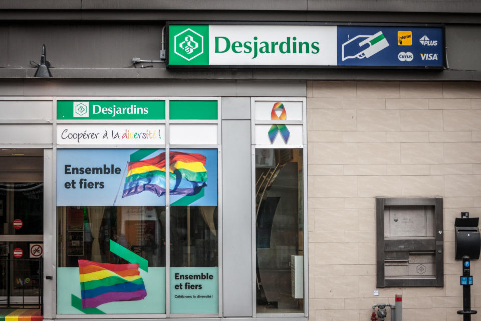 Picture of a sign with the logo of Desjardins on their branch for the Gay disctrict of Le Village Montreal, Quebec, Canada. The Desjardins Group (or Mouvement des caisses Desjardins) is the largest federation of credit unions in North America, and is counted among the World's Strongest Banks