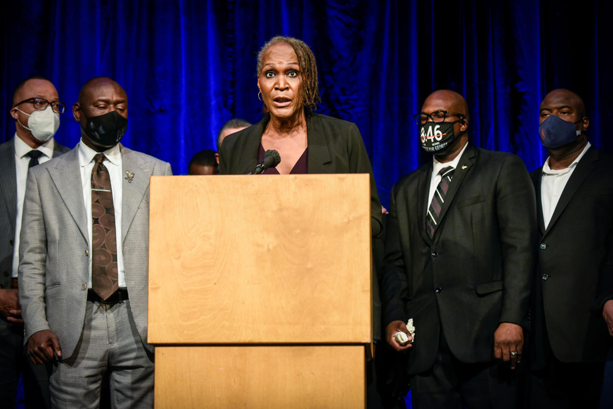 Minneapolis City Council Vice President Andrea Jenkins addresses the media during a news conference in Minneapolis, on March 12, 2021. (Nicholas Pfosi / Reuters file)