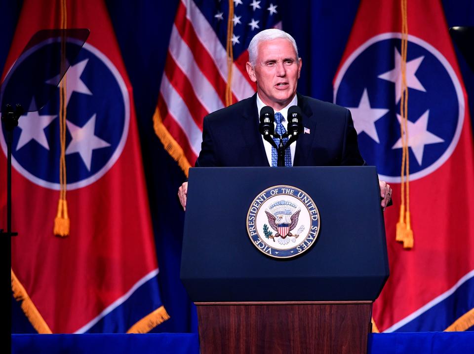 Vice President Mike Pence speaks during the Tennessee Republican Party's Statesmen's Dinner at Music City Center in Nashville, Tenn., Thursday, Aug. 3, 2017.