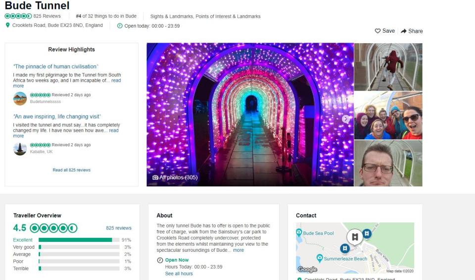 The Bude tunnel has racked up more than 800 TripAdvisor reviews (TripAdvisor)