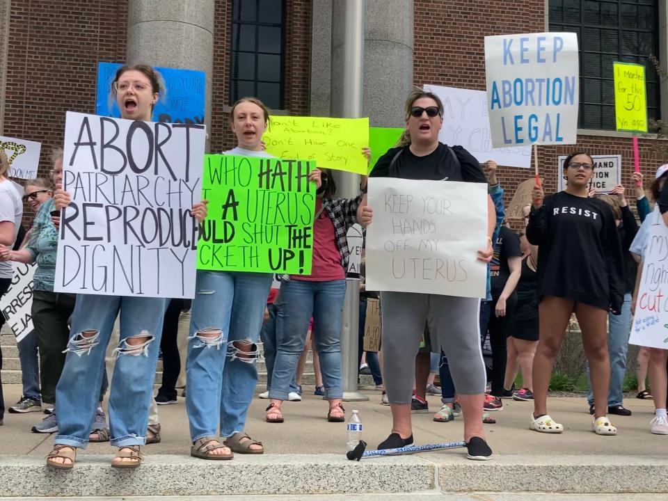 Hundreds gather at the Stearns County Courthouse to rally for pro-choice legislation and listen to local stories on May 14, 2022.