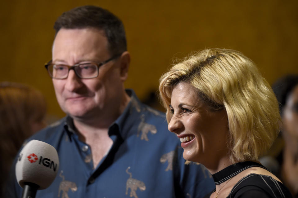 Chris Chibnall, left, and Jodie Whittaker arrive at the "Doctor Who" press line on day one of Comic-Con International on Thursday, July 19, 2018, in San Diego. (Photo by Chris Pizzello/Invision/AP)