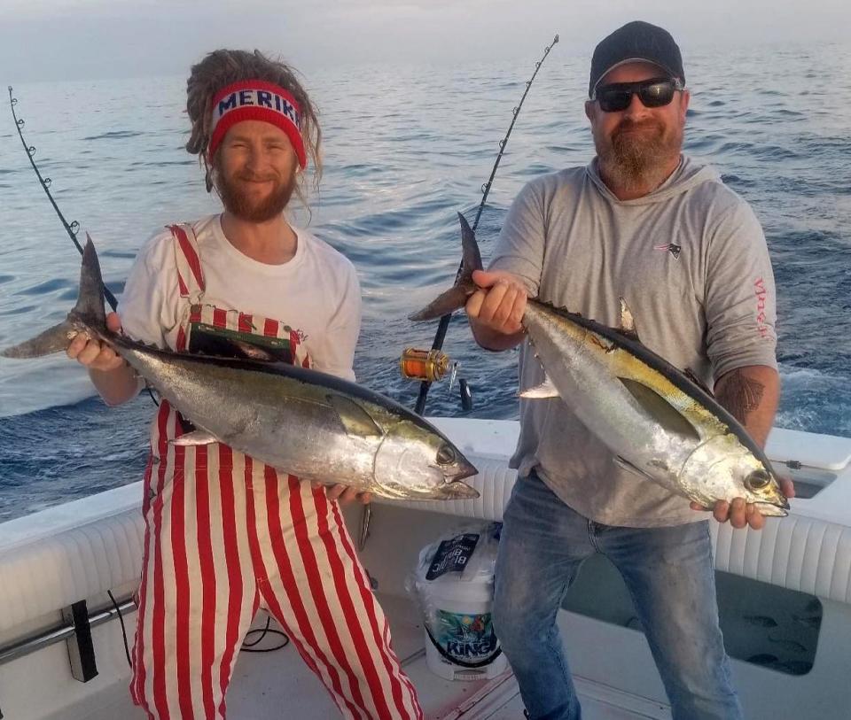 Capt. Merrick Westlund, left, of Indian Rocks Beach and Jake Rask, of Clearwater caught these blackfin tuna on live Spanish sardines while fishing about 80 miles offshore with Capt. Mike Skinner of By Request Charters of Clearwater recently.